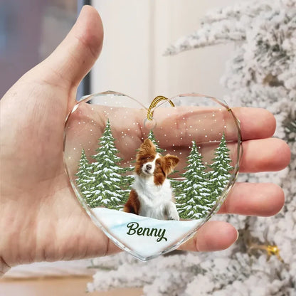 Custom Pet Photo Winter Scene Heart Glass Ornament - Personalized Pet Memorial Christmas Gift