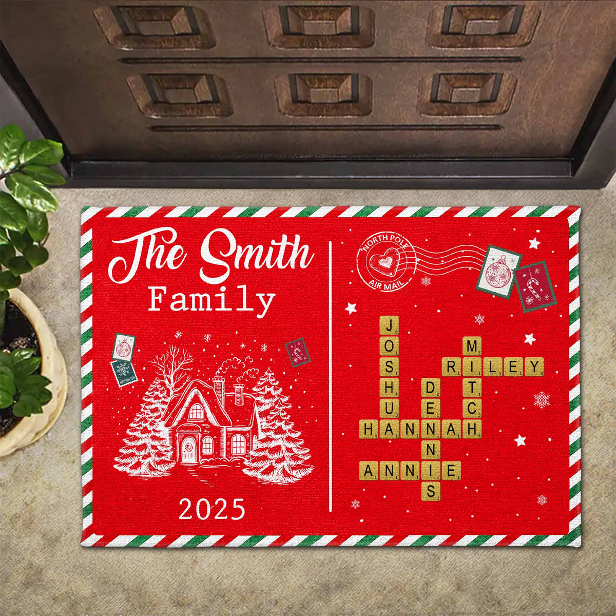 The [Family Name] Family Christmas House and Snowflakes Doormat
