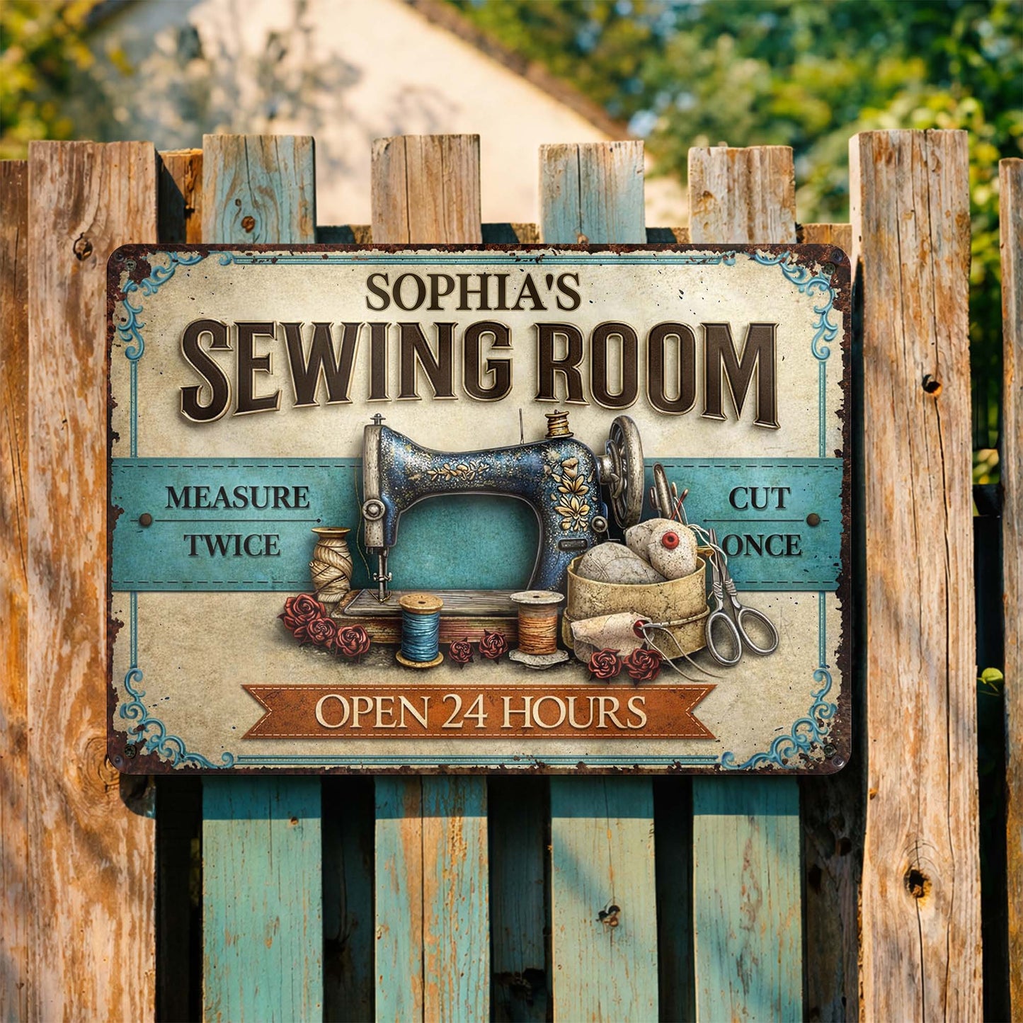 Custom Sewing Room Vintage Metal Sign for Mom with personalized design details for meaningful gifting
