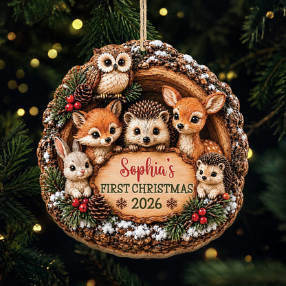 Baby’s First Christmas Custom Name Wooden Ornament - Personalized Woodland Animals Keepsake Gift for Baby