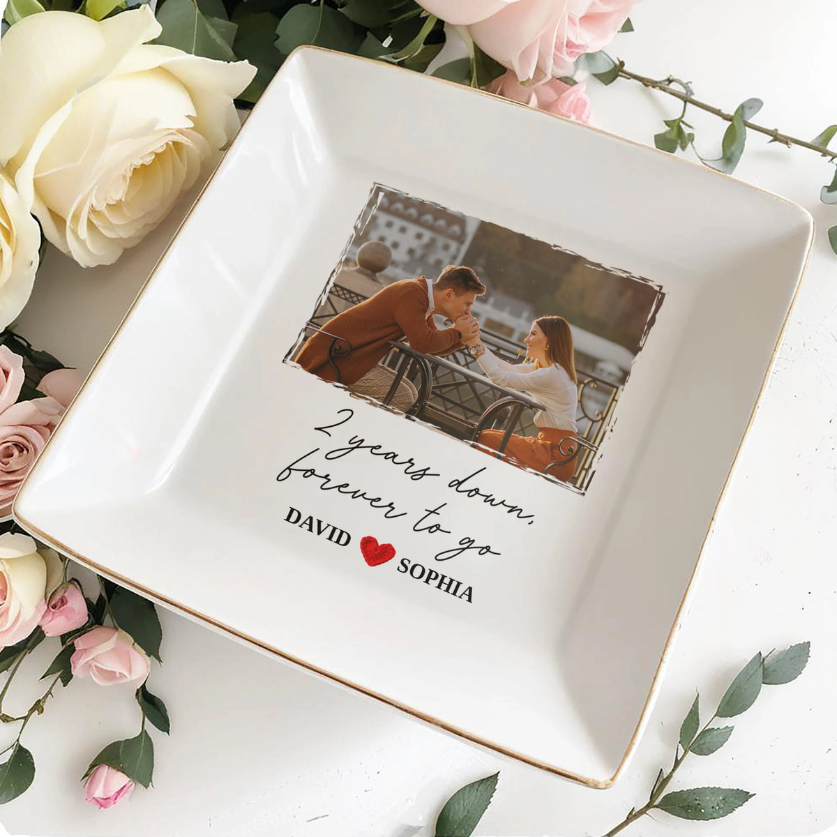 Two Years Down Forever To Go Custom Photo Ring Dish - Personalized Ceramic Couple Jewelry Tray