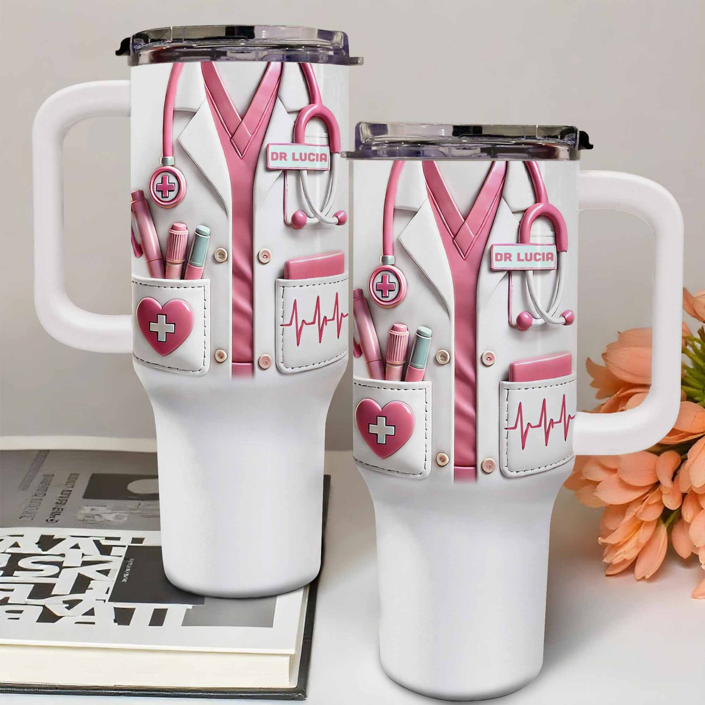 Personalized nurse 40oz tumbler featuring a custom pink medical scrubs design with stethoscope and heartbeat line. image 9