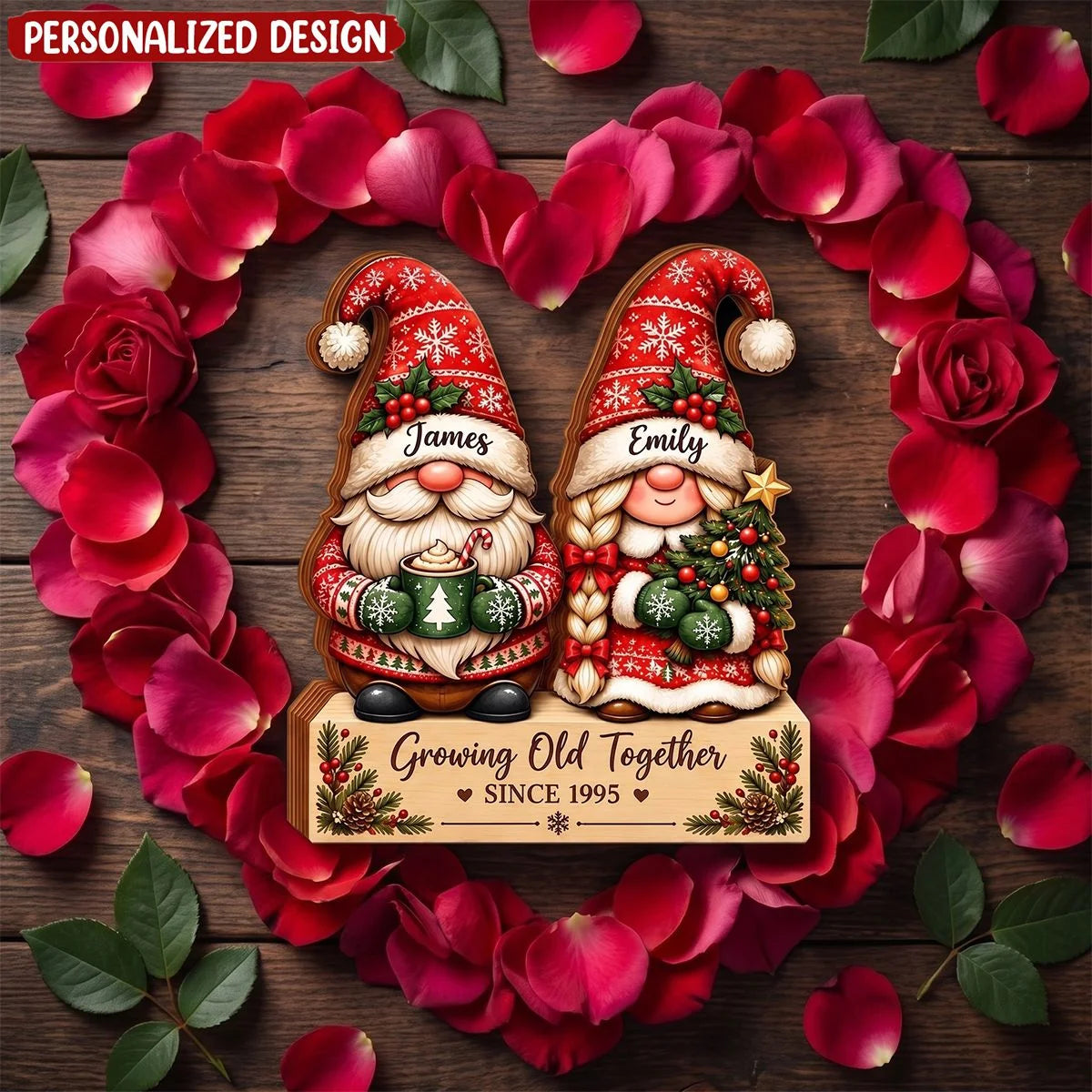 Growing Old Together Personalized Gnome Wooden Block - Custom Couple Christmas Gift
