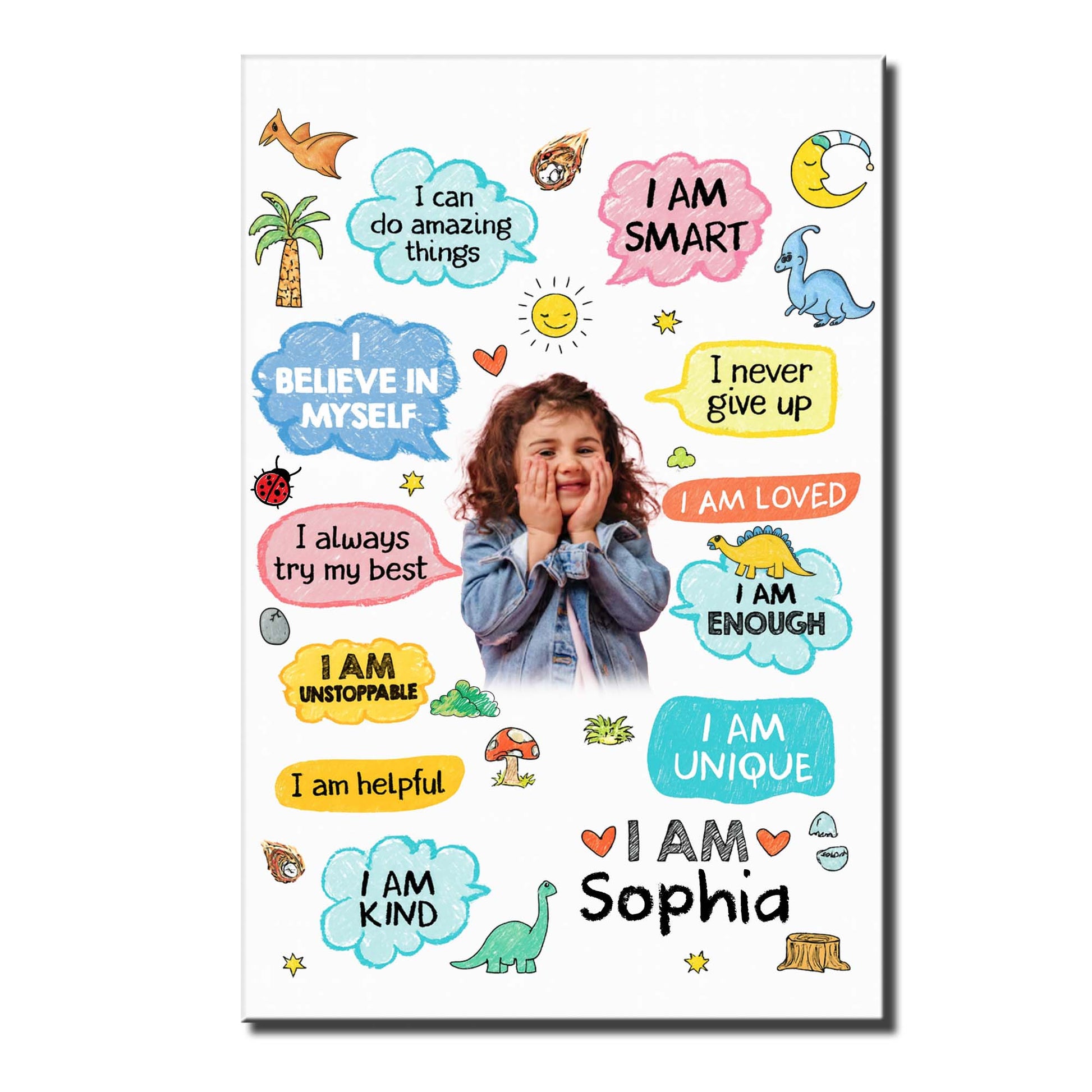 Personalized kids affirmation poster featuring custom name Sophia and motivational quotes with cute dinosaur drawings image 8