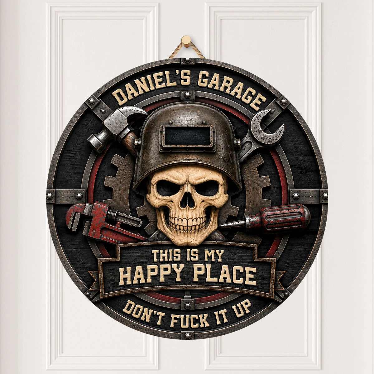 "This Is My Happy Place" Personalized Garage Wood Sign - Custom Mechanic Skull Nameplate Wall Decor Gift for Him