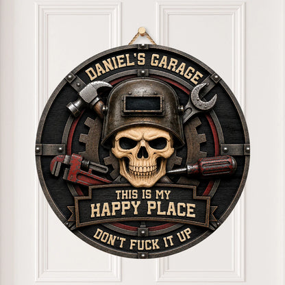 "This Is My Happy Place" Personalized Garage Wood Sign - Custom Mechanic Skull Nameplate Wall Decor Gift for Him