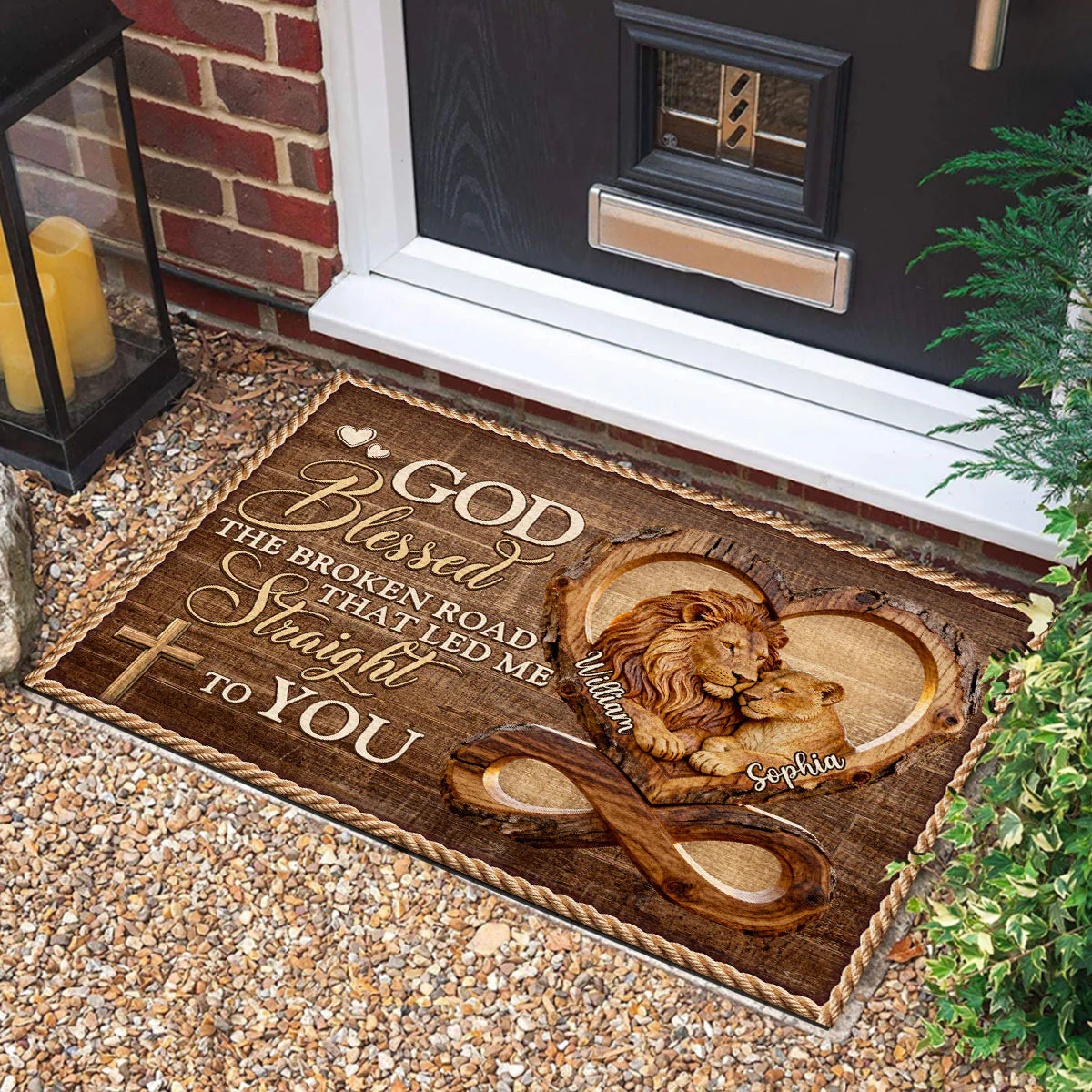 Personalized doormat with God Blessed The Broken Road quote and custom lion couple design