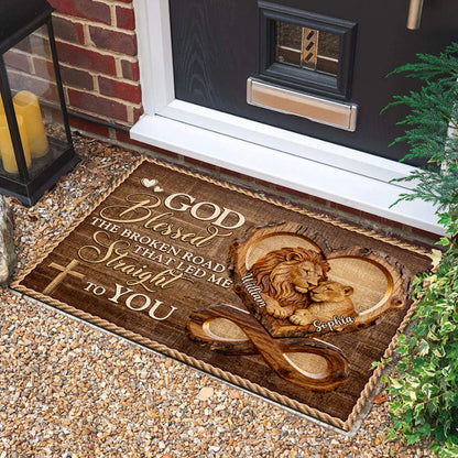 Personalized doormat with God Blessed The Broken Road quote and custom lion couple design