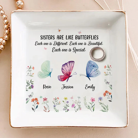 Personalized sister jewelry dish with colorful custom butterflies and names for sister gifts