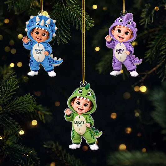 Cute Dinosaur Costume Acrylic Ornament - Personalized Baby Name Keepsake for Christmas