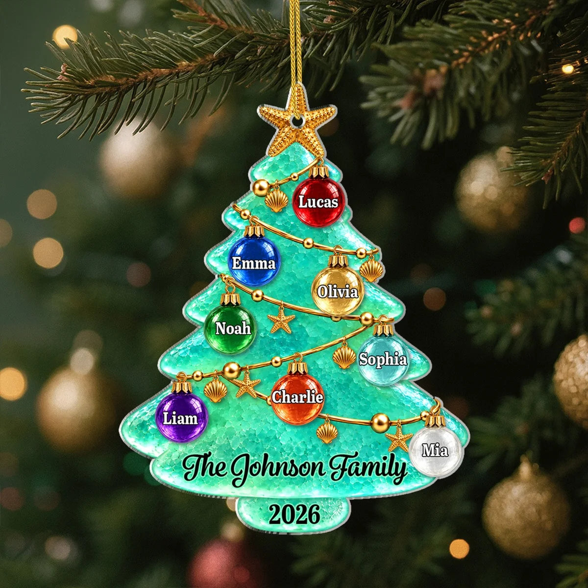 Personalized Christmas Tree Acrylic Ornament - Custom Family Name Sea Glass Holiday Keepsake Gift