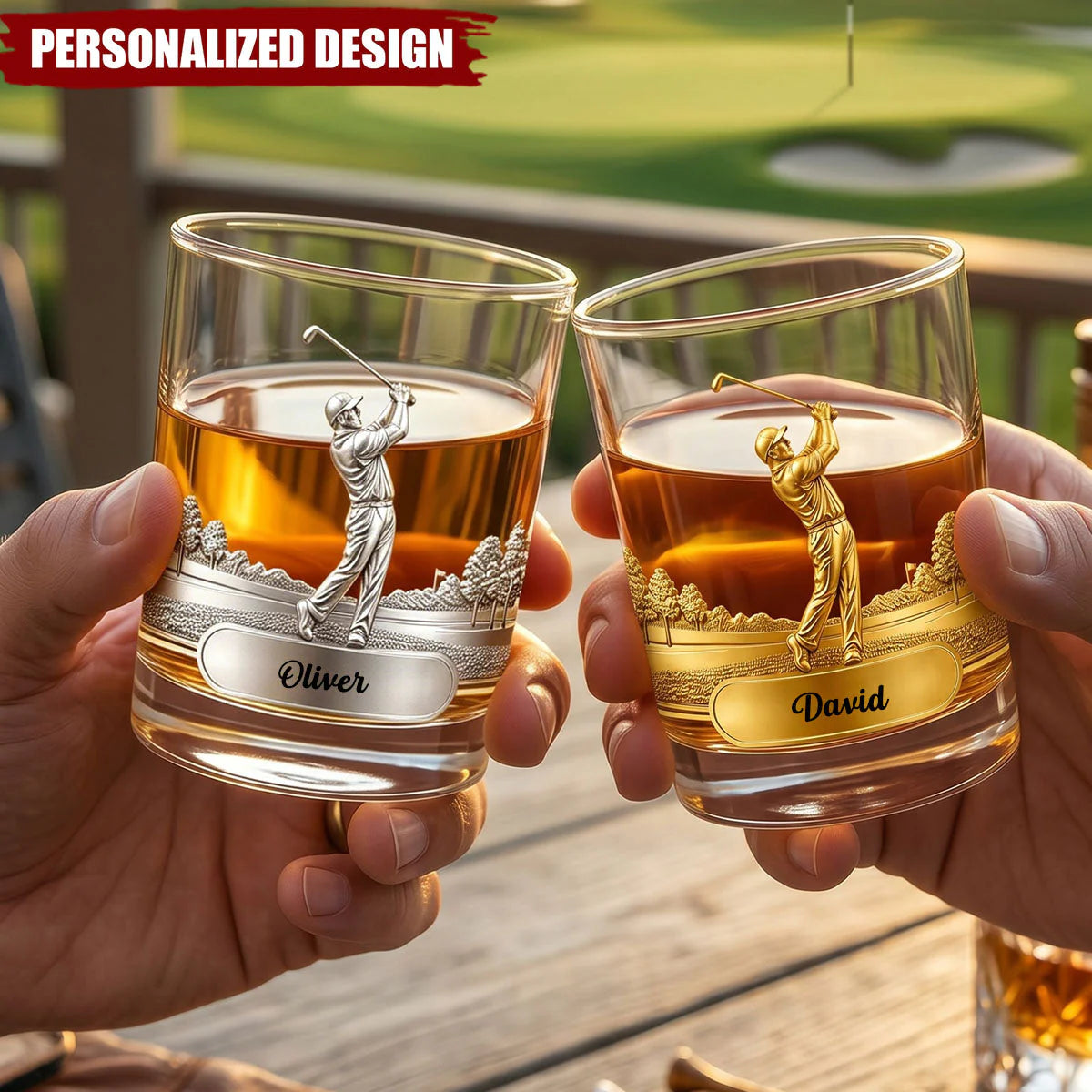 Custom golf whiskey glass with personalized print for dad, unique Father's Day gift for golf lovers