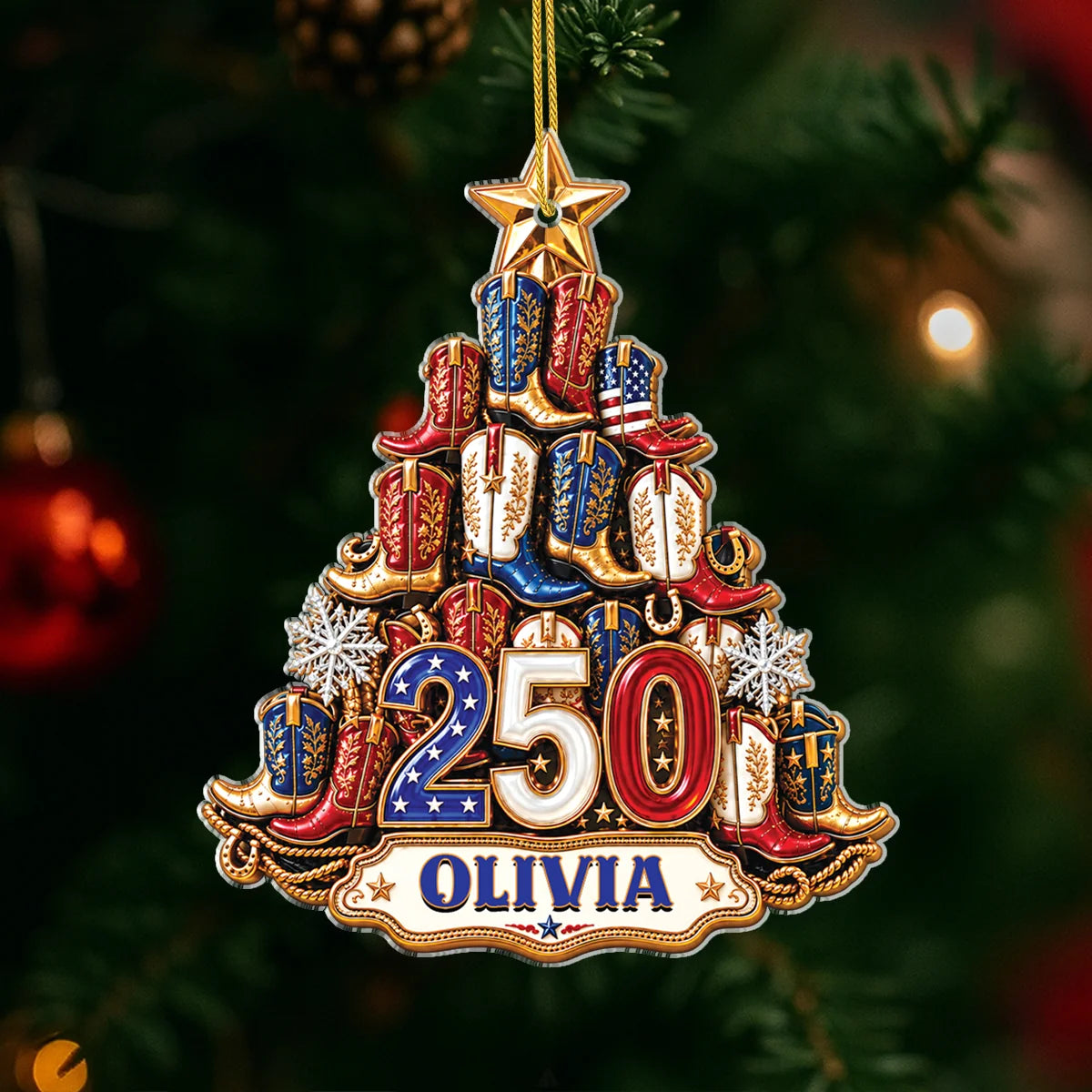 250th Anniversary Cowboy Boots Personalized Acrylic Ornament - Patriotic Christmas Keepsake for Families