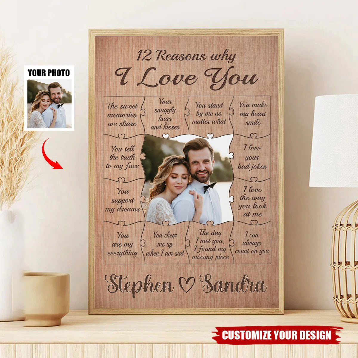 Personalized 12 reasons why I love you canvas print with custom couple photo puzzle design