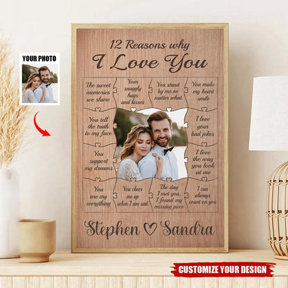 Personalized 12 reasons why I love you canvas print with custom couple photo puzzle design