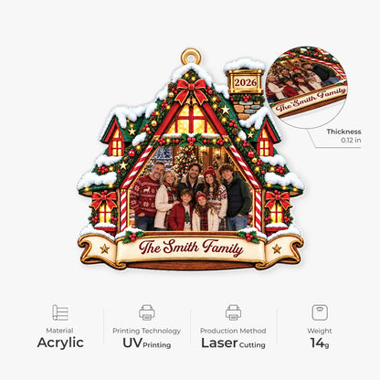Cozy Holiday Cabin Custom Family Photo Acrylic Ornament - Christmas Keepsake for Family