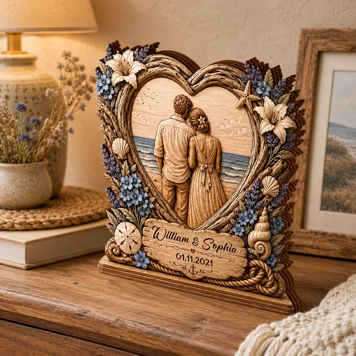 Personalized Beach Ocean Heart Wooden Block - Custom Anniversary Keepsake Gift for Couple