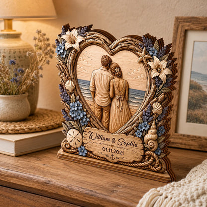 Personalized Beach Ocean Heart Wooden Block - Custom Anniversary Keepsake Gift for Couple