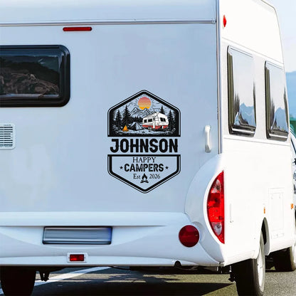 Happy Campers Personalized RV Decal Sticker - Custom Family Camper Graphic for Travel Trailer