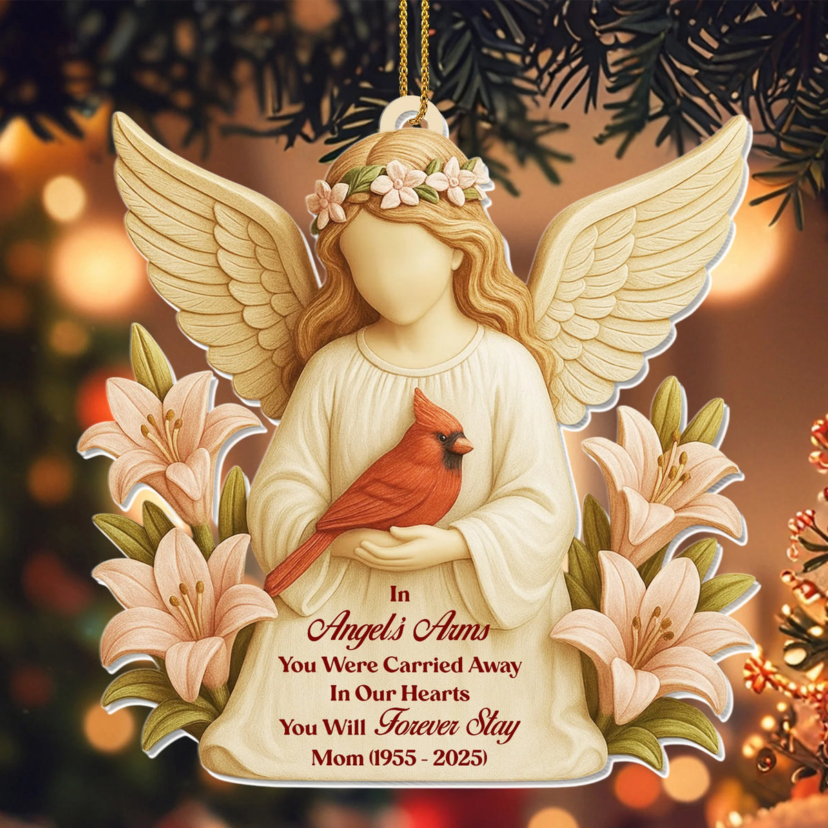 "In Angel's Arms You Were Carried Away" Personalized Acrylic Memorial Ornament - Christmas Sympathy Gift for Family