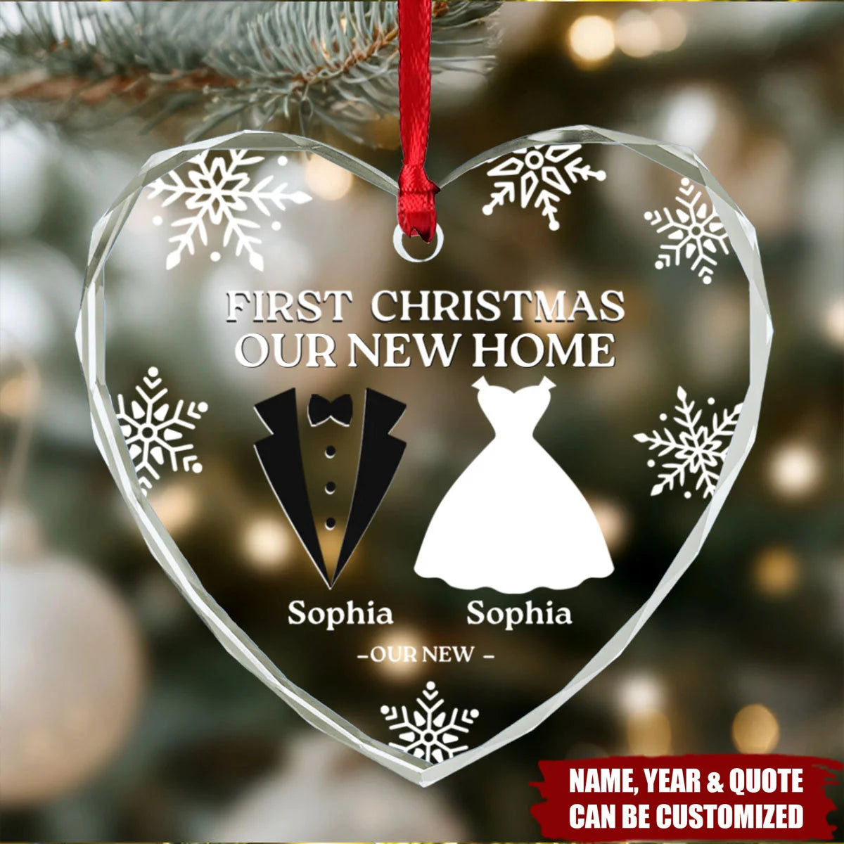 First Christmas Married Heart Glass Ornament - Custom Newlywed Couple Keepsake Gift