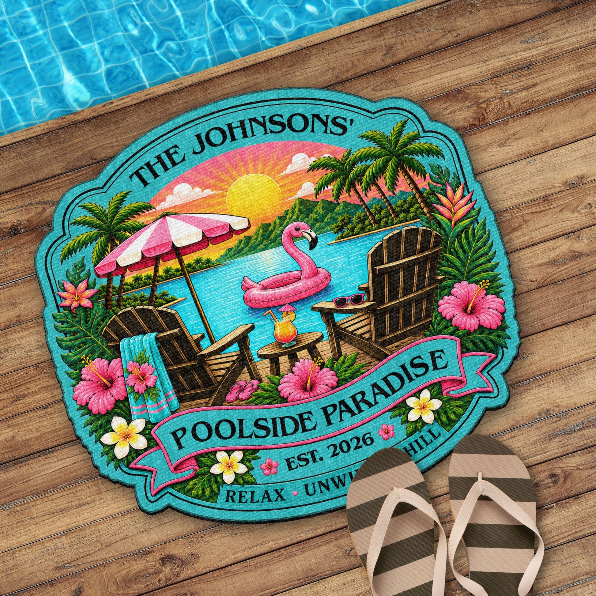 Custom shaped doormat featuring tropical flamingo poolside paradise design for outdoor summer decor