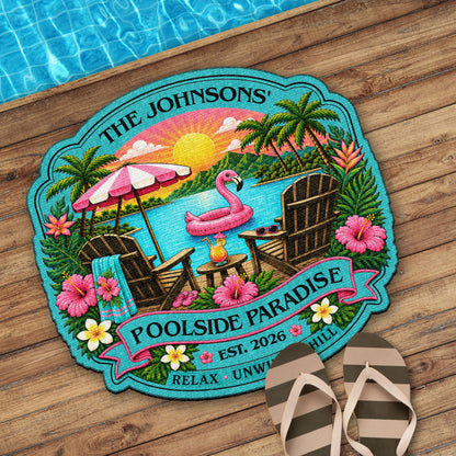 Custom shaped doormat featuring tropical flamingo poolside paradise design for outdoor summer decor