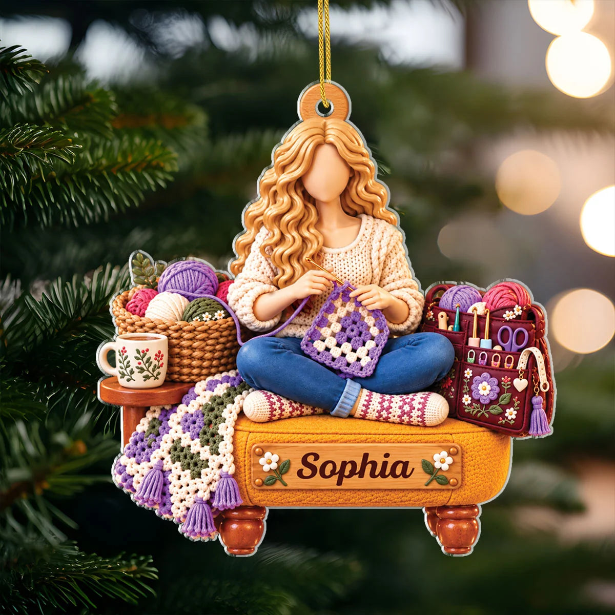 Personalized Crochet Girl Acrylic Ornament - Custom Name Keepsake Gift for Crafters