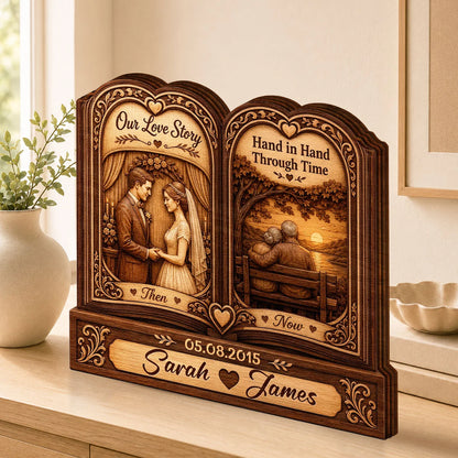 Our Love Story Personalized Wooden Block - Hand in Hand Custom Couple Anniversary Gift for Wife Husband