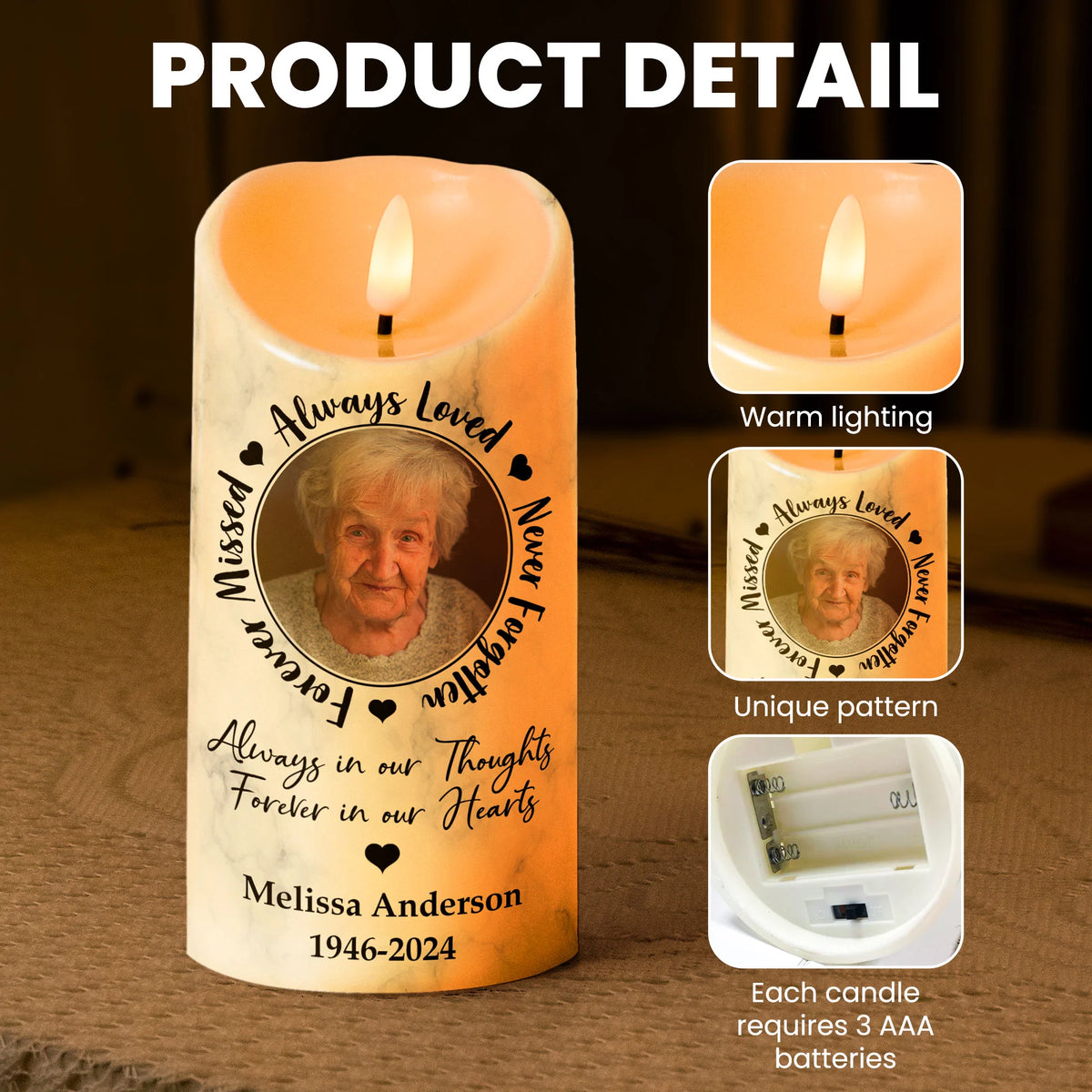"Always Loved, Never Forgotten" Personalized LED Candle – Sympathy Gift for Family