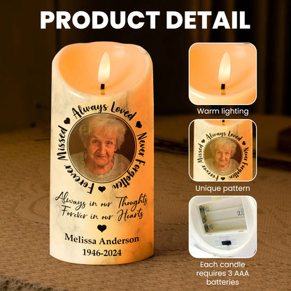 "Always Loved, Never Forgotten" Personalized LED Candle – Sympathy Gift for Family
