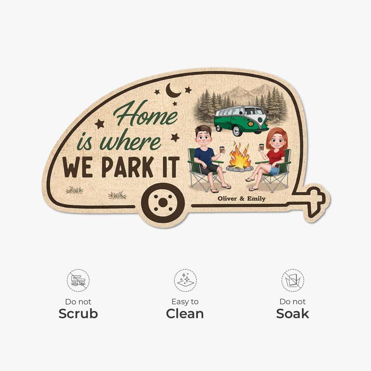 "Home Is Where We Park It" Personalized Camper Shaped Doormat - Custom RV Camping Gift for Couples