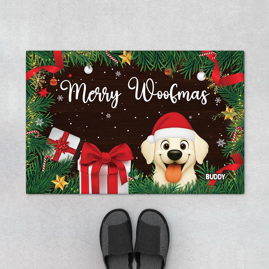Merry Woofmas Personalized Dog Doormat for Dog Lovers - Custom Christmas Pet Entry Mat
