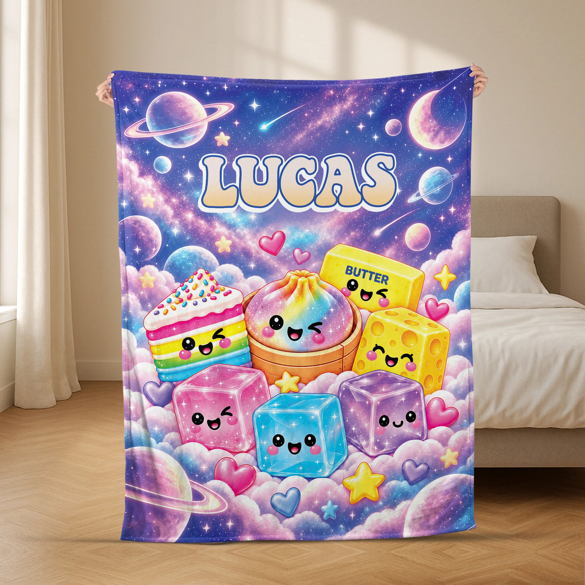 Squishy Character Blanket with Custom Name - Cute Kawaii Fleece Blanket for Kids Birthday Gift