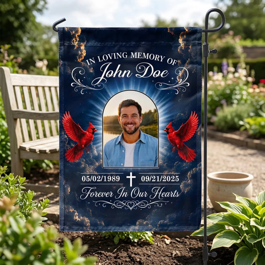 Personalized memorial garden flag featuring a custom photo, red cardinals, and in loving memory text for family sympathy.