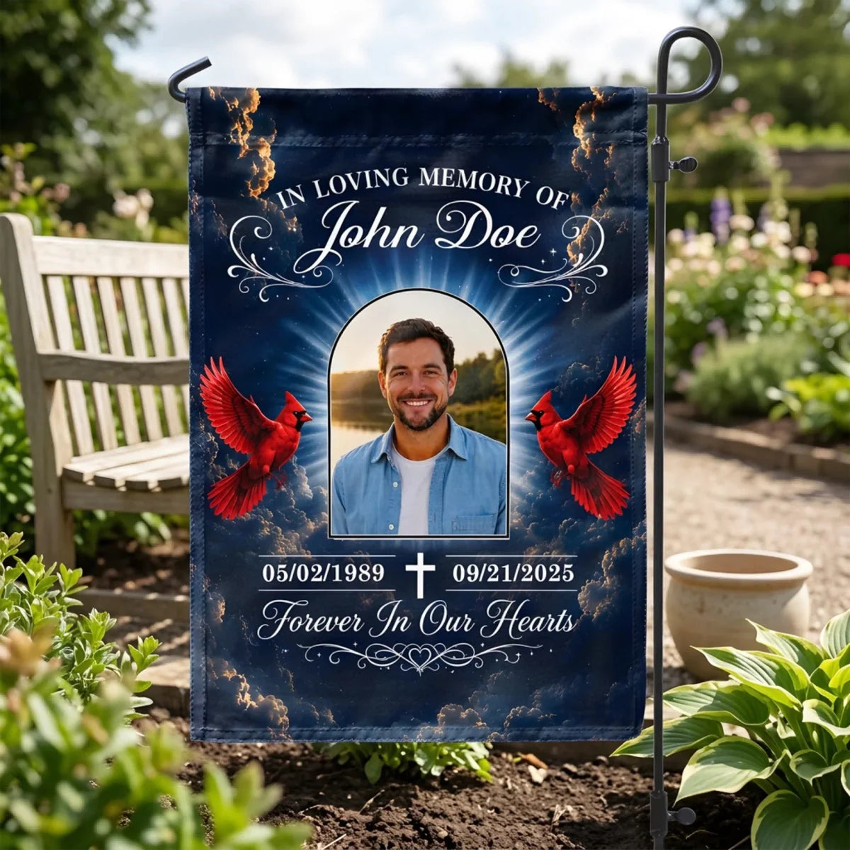 Personalized memorial garden flag featuring a custom photo, red cardinals, and in loving memory text for family sympathy.
