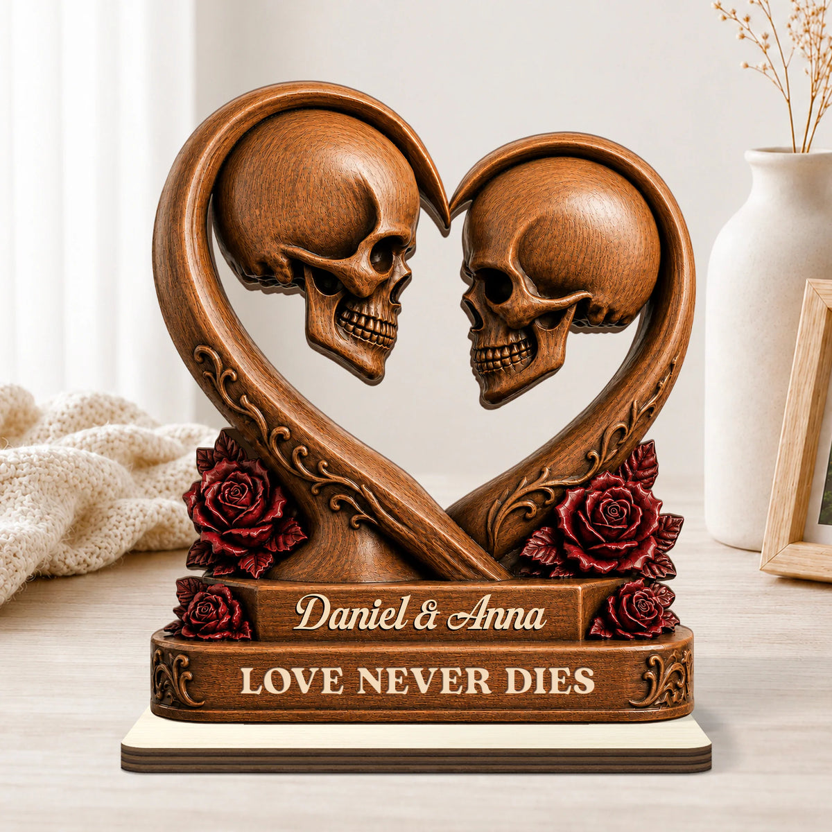 Till Death Do Us Part Skull Heart Wooden Plaque - Personalized Couples Gift for Anniversary