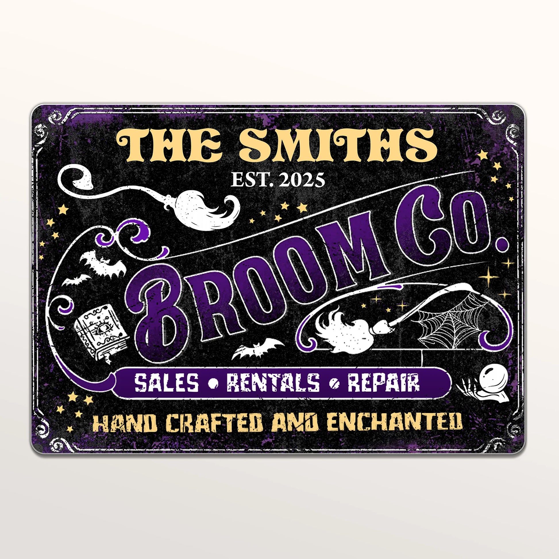 Broom Co. Hand Crafted & Enchanted Personalized Metal Sign - Custom Vintage Halloween Decor for Family