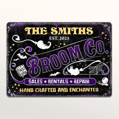 Broom Co. Hand Crafted & Enchanted Personalized Metal Sign - Custom Vintage Halloween Decor for Family