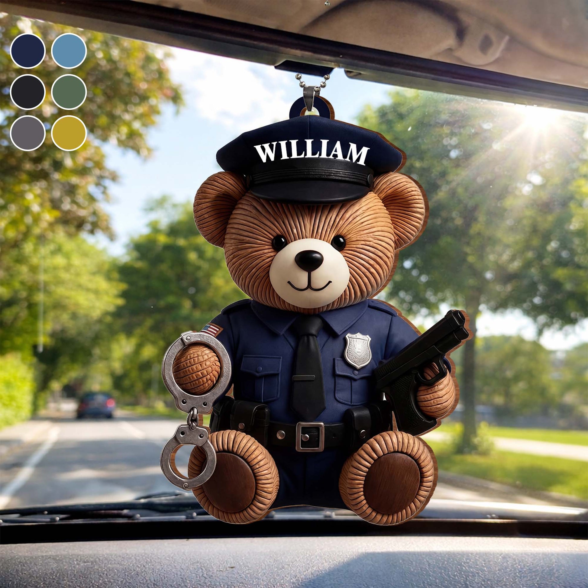 Custom Police Officer Bear Wood Ornament for Dad with personalized design details for meaningful gifting
