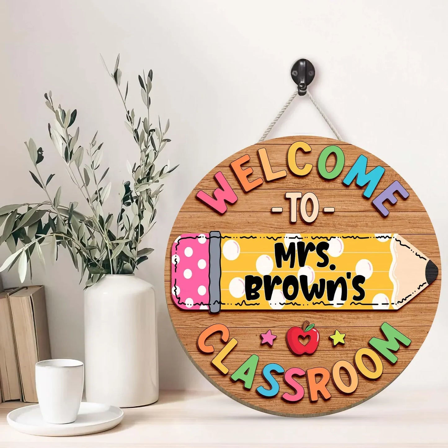 Wood Sign material and size view - Personalized Teacher Classroom Sign