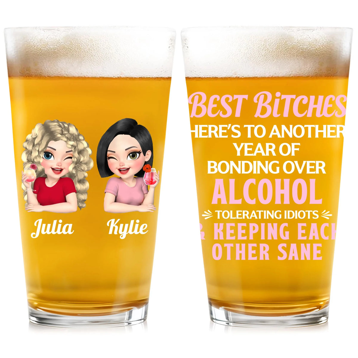 Best Bitches Bonding Over Alcohol Personalized Custom Beer Glass - Funny BFF Birthday Keepsake Gift for Best Friends