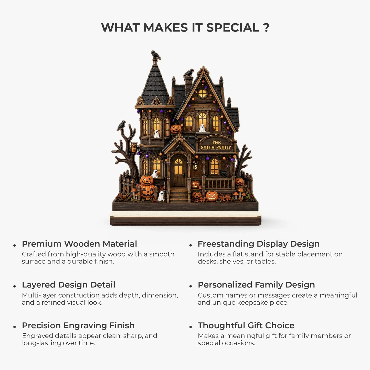 Personalized Halloween wooden plaque with spooky haunted house and family name for tabletop Halloween home decor image 6