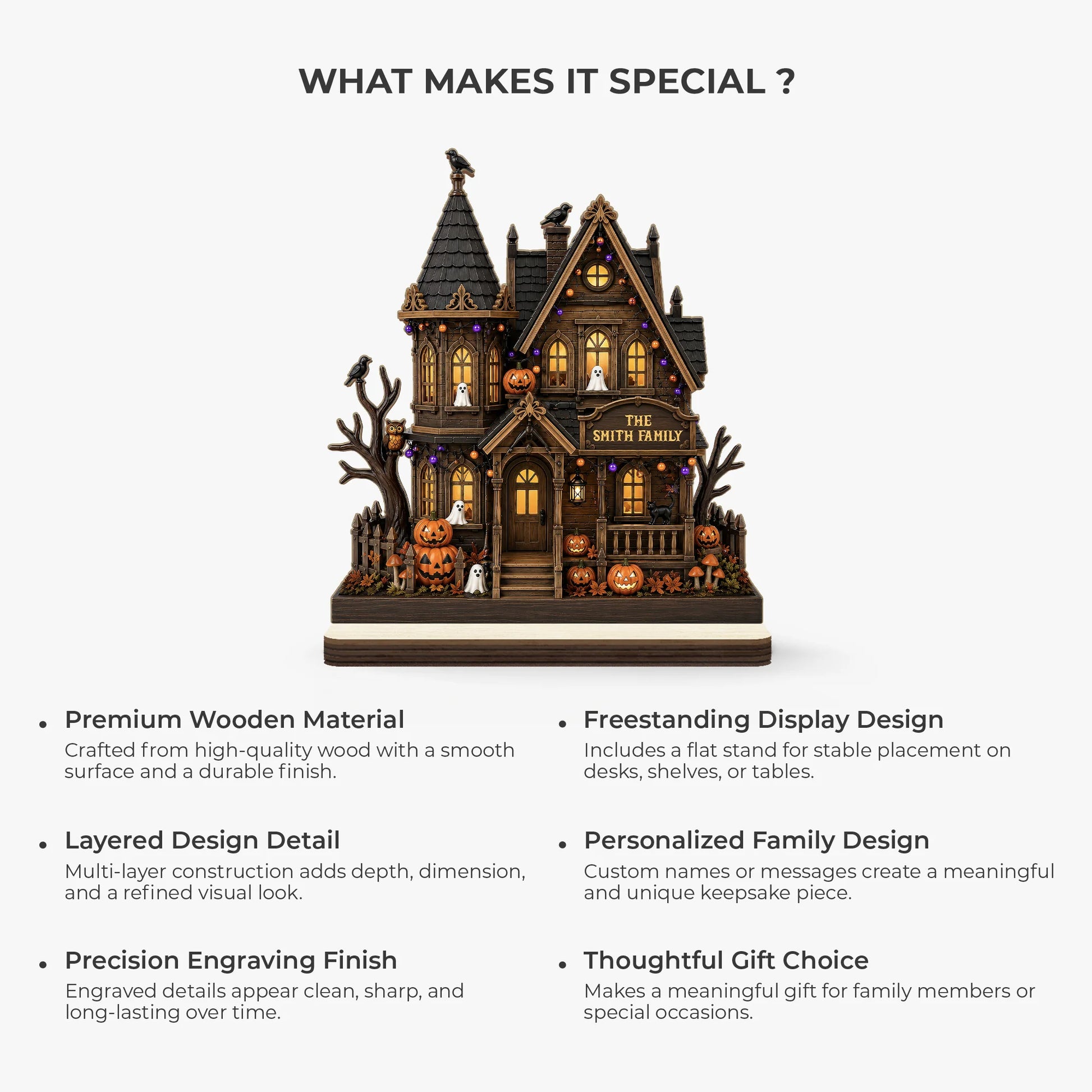 Personalized Halloween wooden plaque with spooky haunted house and family name for tabletop Halloween home decor image 6