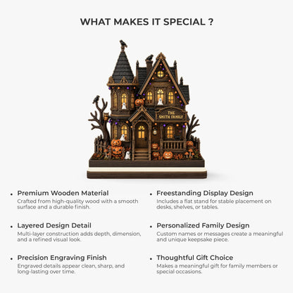Personalized Halloween wooden plaque with spooky haunted house and family name for tabletop Halloween home decor image 6
