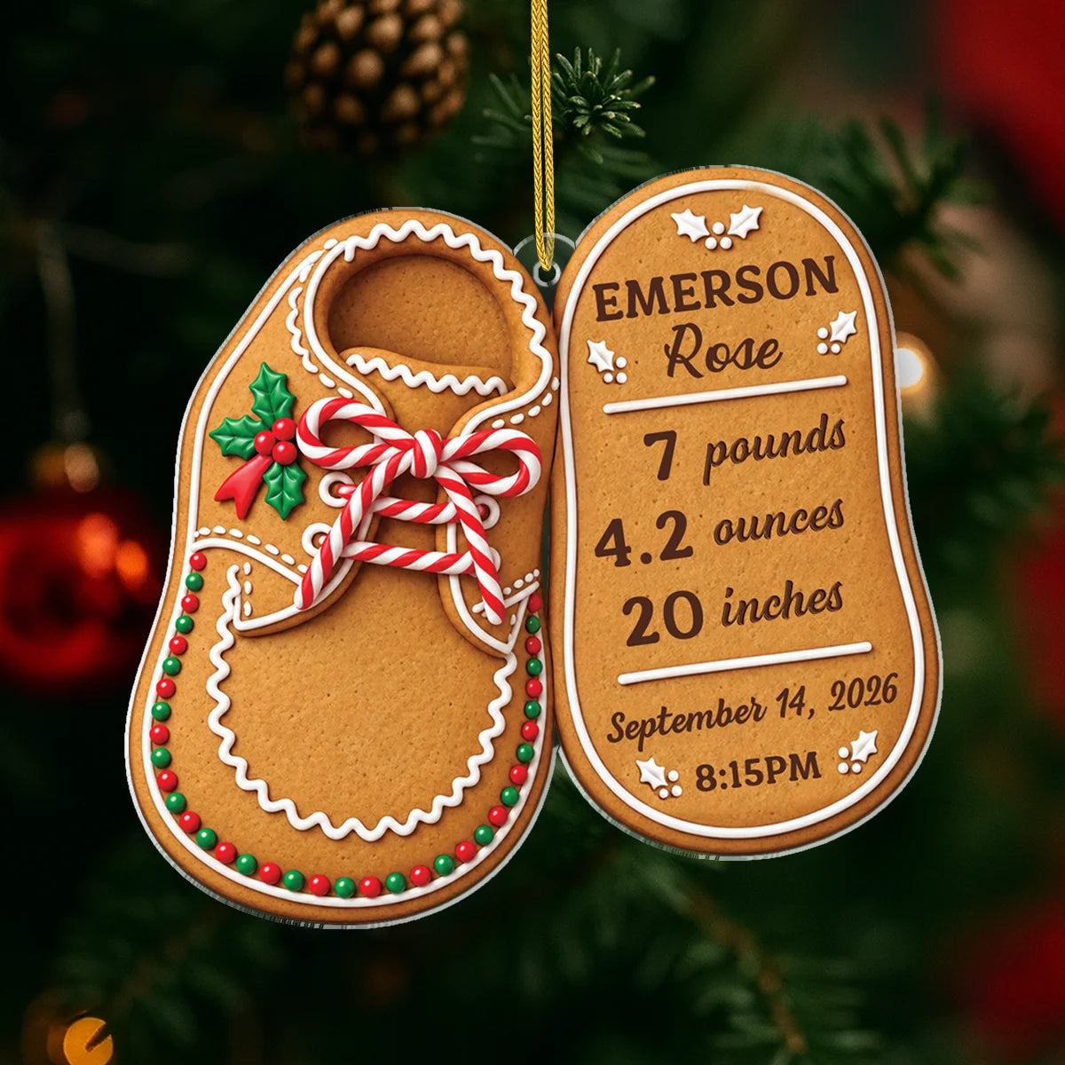 Baby Birth Stats Gingerbread Shoe Personalized Acrylic Ornament - Keepsake for New Mom