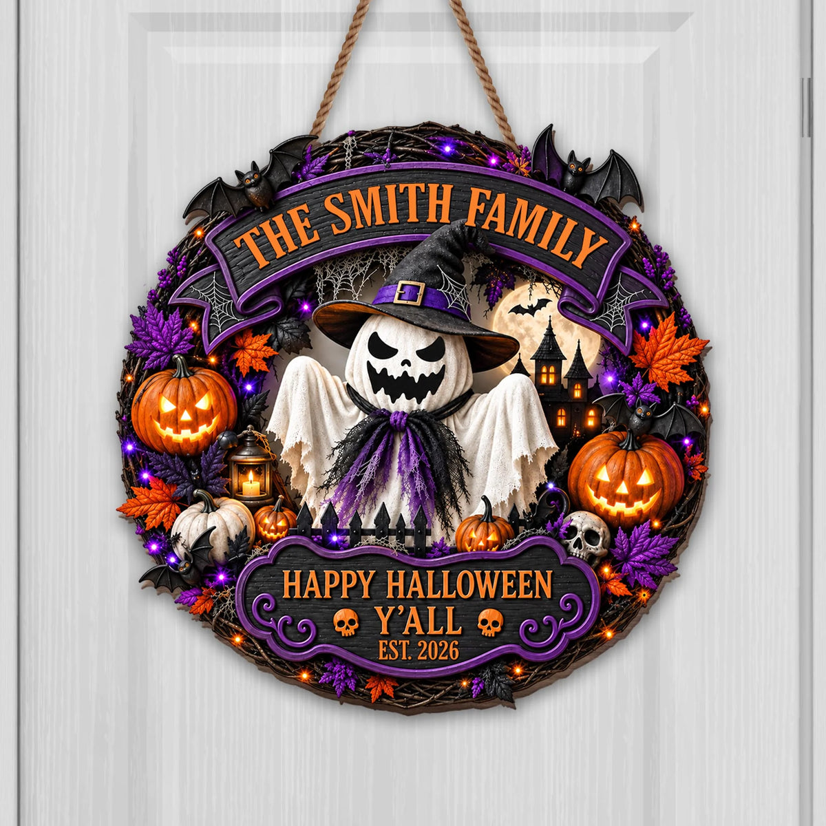 Happy Halloween Y'all Personalized Wood Sign - Custom Ghost Wreath Decor for Family