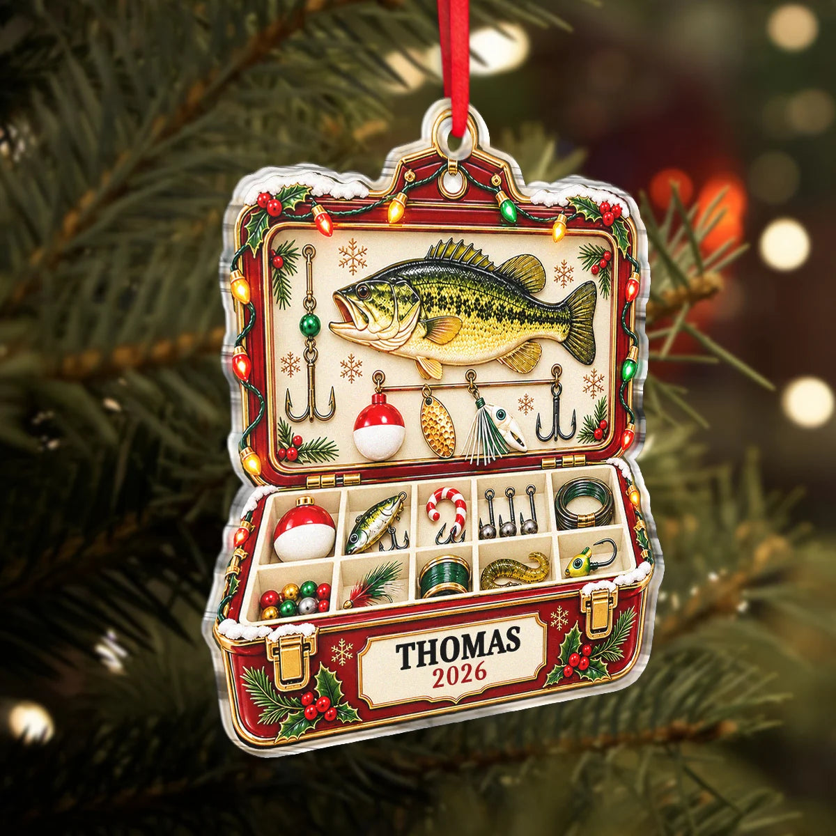 Tackle Box Keepsake Personalized Fishing Acrylic Ornament - Custom Gift for Dad Husband Grandpa