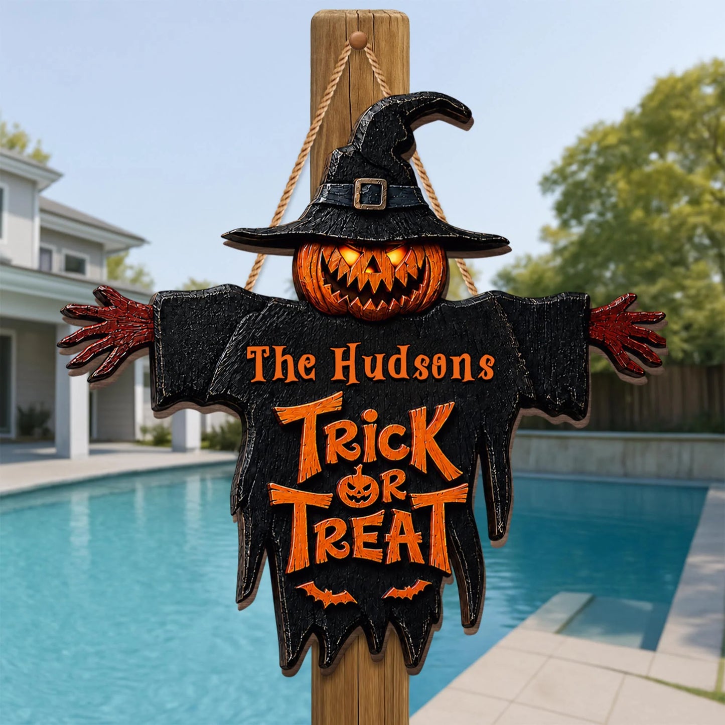 Trick Or Treat Pumpkin Scarecrow Personalized Halloween Wood Sign - Custom Family Front Porch Decor