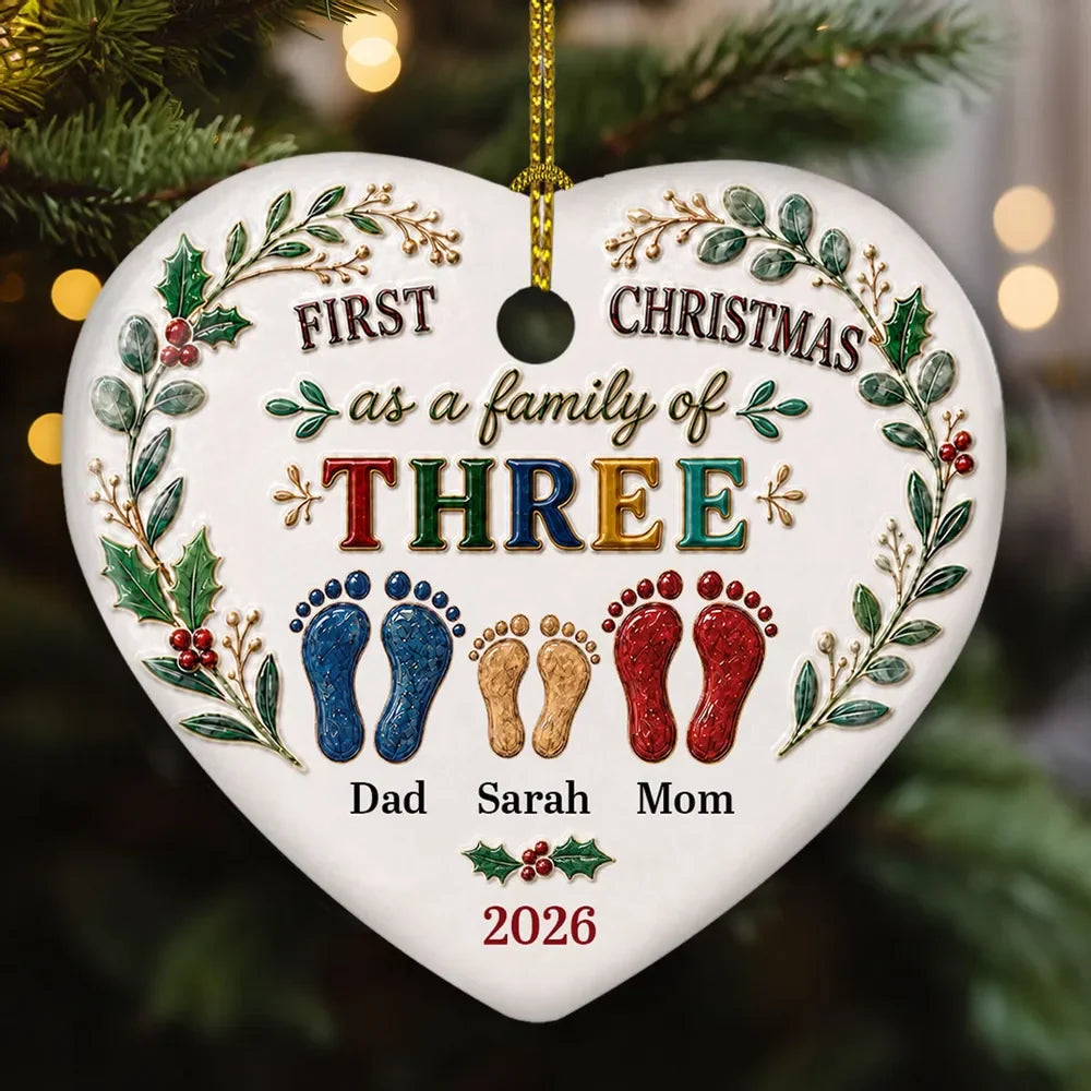 First Christmas as a Family of Three - Personalized Ceramic Heart Ornament Gift